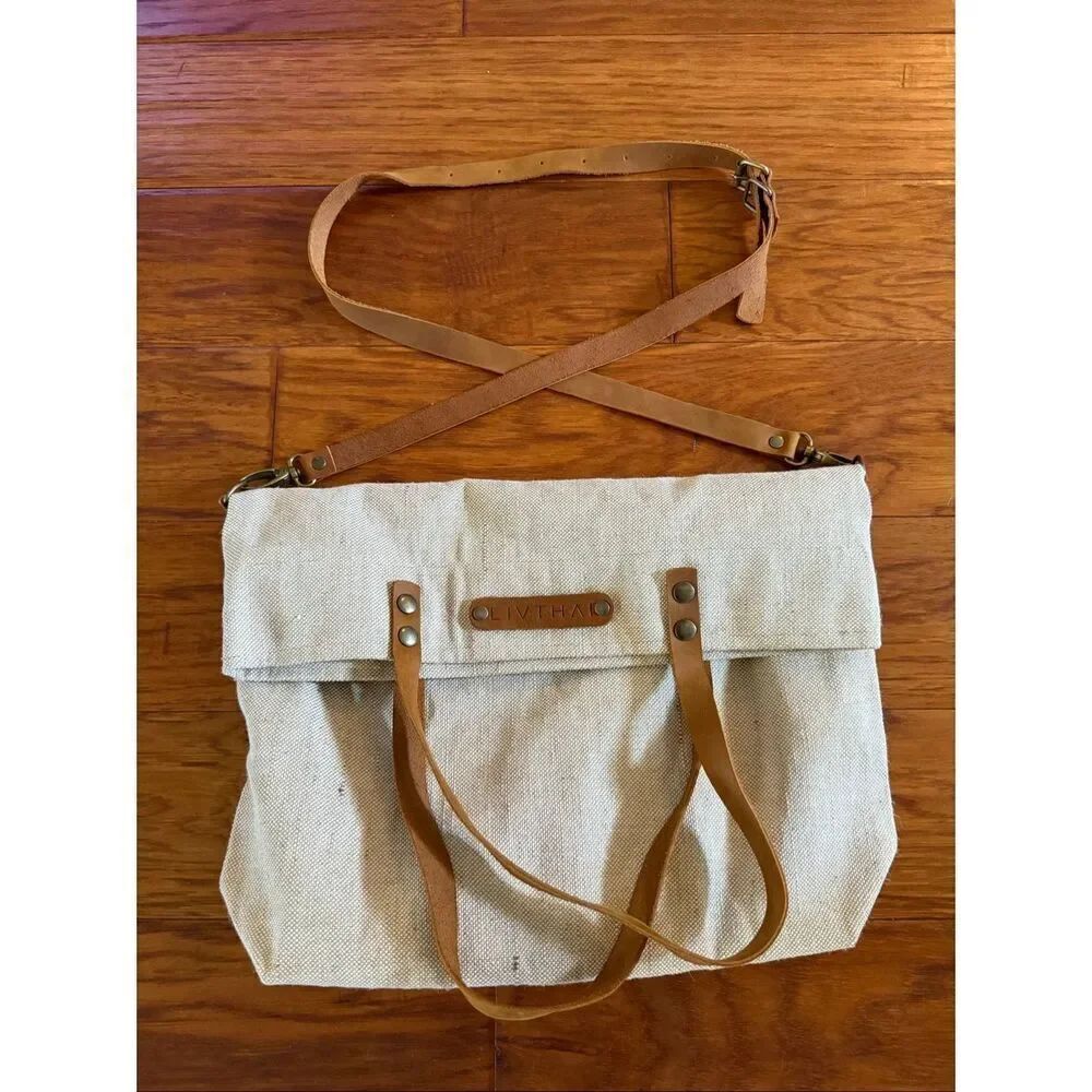 LIVTHAI Canvas Leather Foldover Tote Crossbody Beige - Picture 3 of 14